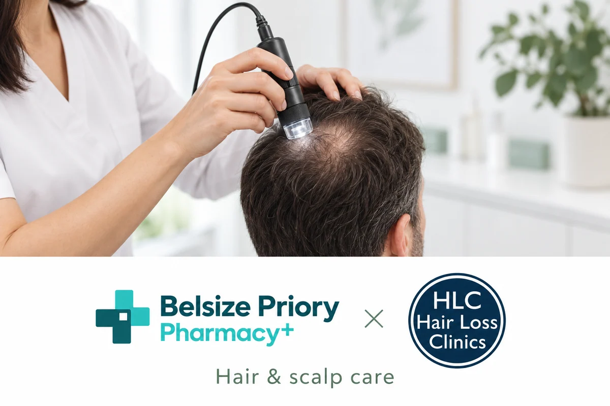 Belsize Priory Pharmacy and HLC hair and scalp consultation illustration