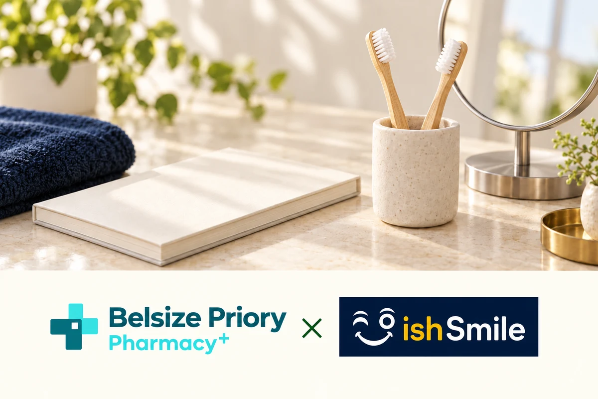 Belsize Priory Pharmacy and ishSmile partnership, illustrated with an oral-care still life