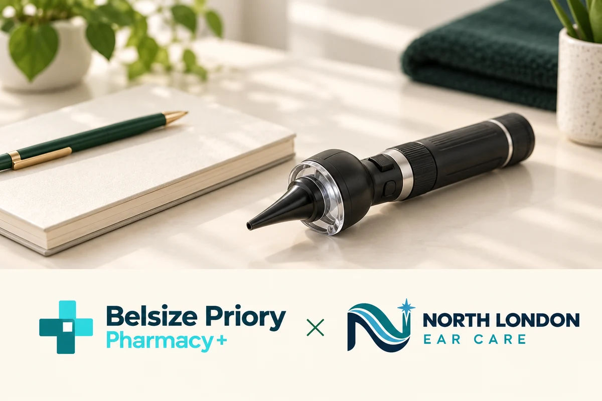 Belsize Priory Pharmacy and North London Ear Care partnership, illustrated with an ear-examination still life