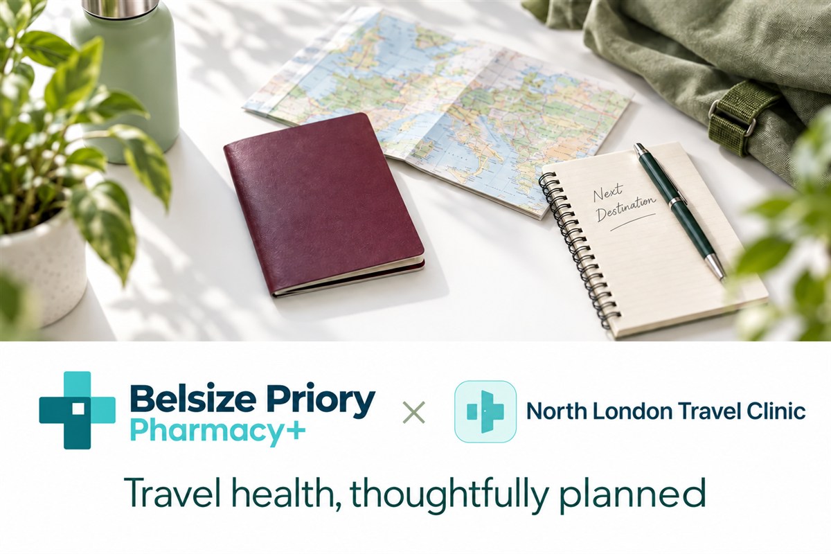Belsize Priory Pharmacy and North London Travel Clinic partnership and travel planning illustration
