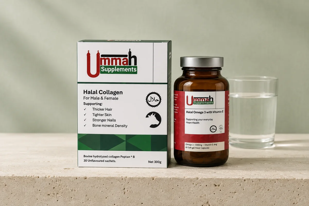 Ummah Supplements collagen sachets and omega-3 with vitamin E bottle